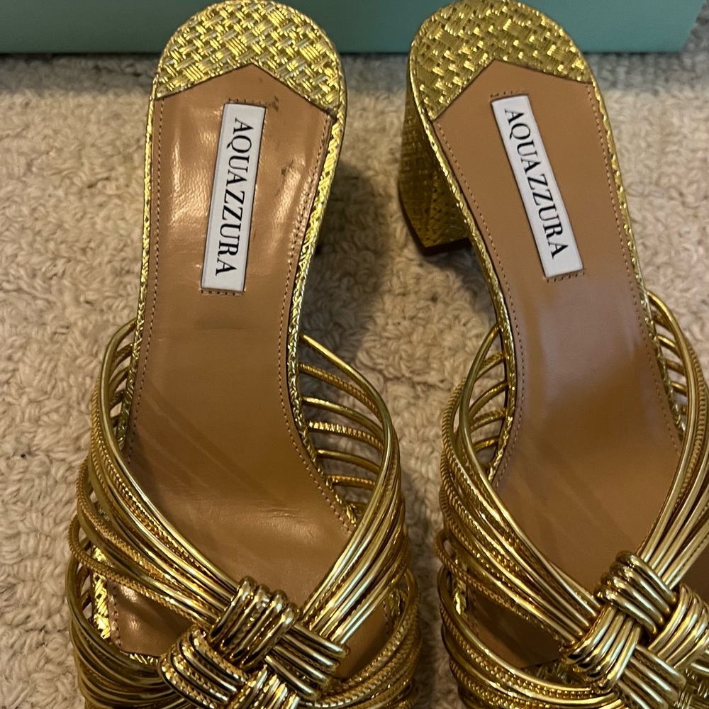 Aquazzura Metallic Gold Braided Strappy Block Heel Sandals